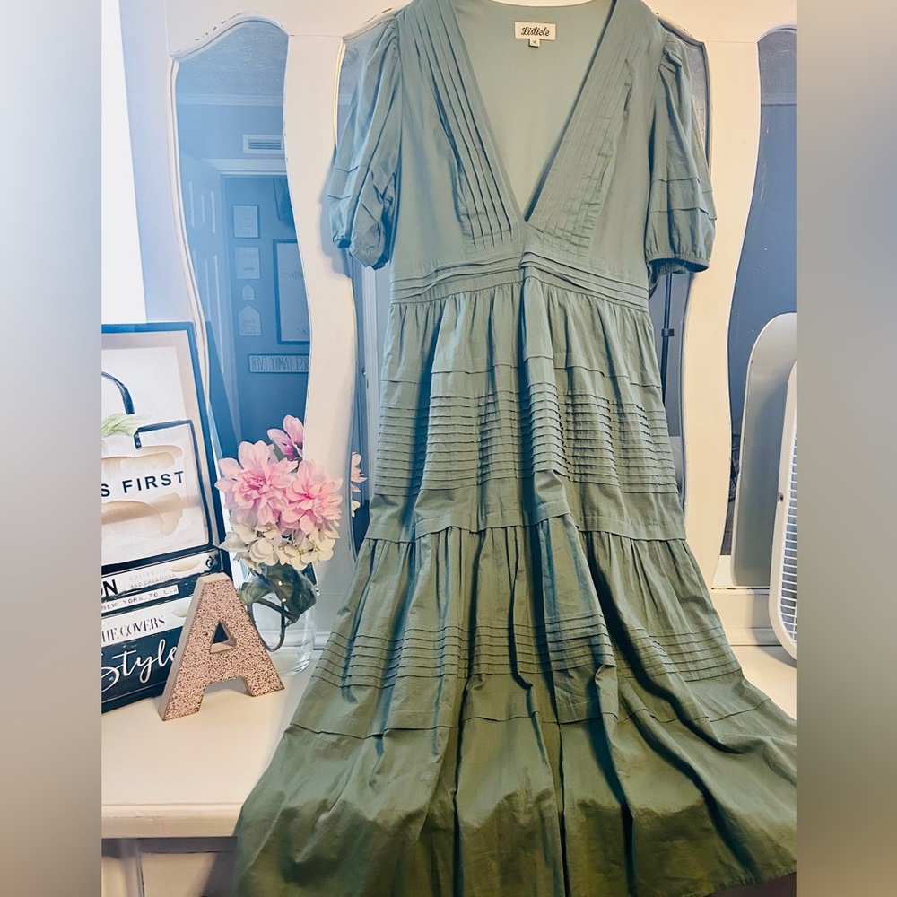 Green Pleated Puff Sleeve Maxi Sundress